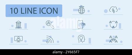 Education set icon. Globe, upload, university, online course, student, graduation, classroom, idea, knowledge sharing, wifi, virtual learning Stock Vector