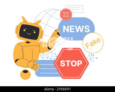 Stop AI generated fake news, protest against lie and hoax content of artificial intelligence on internet. Angry robot holding News sign, attention to warning Stop message cartoon vector illustration Stock Vector
