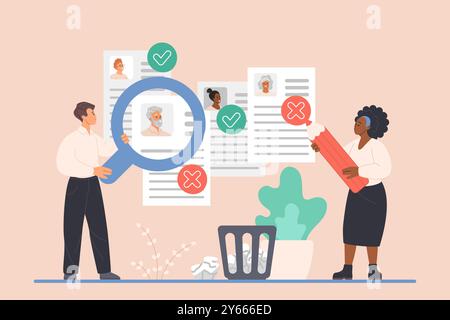 Ageism and discrimination problem of employment, unequal rights and difficulty in career for senior people. Tiny HR team employees study candidates resumes with magnifier cartoon vector illustration Stock Vector