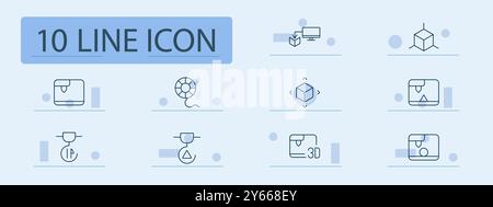 3D printing set icon. 3D model, filament spool, printing machine, CAD design, object scaling, cube design, extruder, nozzle, prototype, precision prin Stock Vector