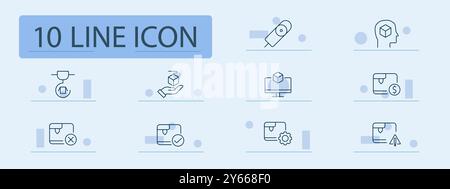 3D printing set icon. 3D model, filament spool, printing machine, CAD design, object scaling, cube design, extruder, nozzle, prototype, precision prin Stock Vector