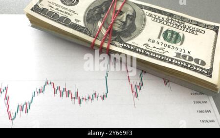 Fundamental and technical analysis concept. Background with currency bars and candles Stock Photo