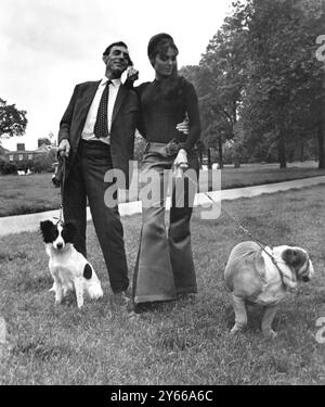 Eric Sykes with 'Pickles'the dog who found the stolen Football World Cup with Israeli actress Daliah Lavi and a bulldog called 'Disraeli',who is to star in the film 'The spy with a cold nose' at Shepperton Studios.1966 Stock Photo