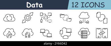 Data set icon. Cloud storage, synchronization, cloud sharing, folder transfer, remote access, document exchange, backup, fire protection, fingerprint Stock Vector