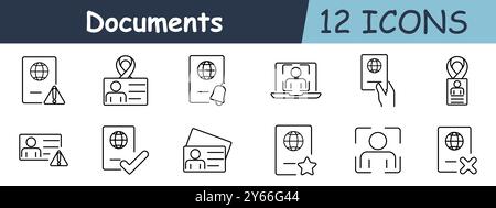 Documents set icon. Passport, ID card, warning, notification, laptop, checkmark, star, profile, person, security, approval, identity Stock Vector