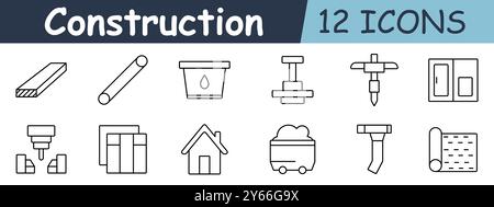 Construction set icon. Wood plank, pipe, bucket, pillar, house, conveyor, mining cart, metal beam, tools, foundation, building, materials Stock Vector