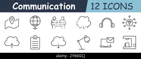 Communication set icon. Map, globe, people, cloud, upload, download, clipboard, lamp, laptop, envelope, network, wireless Stock Vector
