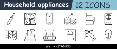 Household appliances set icon. Electric toothbrush, fan, water heater, radio, printer, thermostat, air conditioner, cash register, router, scale, tap, Stock Vector