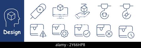 Design set icon. 3D printing, cube, computer, hand holding a cube, printer, warning, settings, checkmark, cross, clock, object creation, technology, p Stock Vector