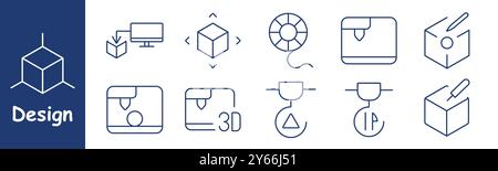 Design set icon. Computer, cube movement, filament reel, 3D printer, object creation, design cube, settings, triangle, printing error, edit cube, prec Stock Vector