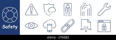 Safety set icon. Warning, cloud protection, mobile lock, fingerprint, wrench, link, eye watching, file encryption, browser security, privacy, security Stock Vector