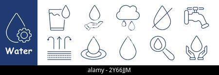Water set icon. Water drop, glass, hand holding drop, cloud rain, no water symbol, faucet, filtration, research, hands, conservation, liquid resource, Stock Vector