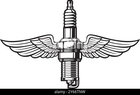 Spark Plug with Wings Black and White. Vector Illustration. Stock Vector