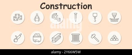 Construction set icon. Bracket, crane hook, gears, nail, pulley, bending machine, conveyor belt, steel rod, roll of fabric, hammer, gold bar, processi Stock Vector