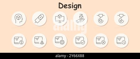 Design set icon. 3D printing, cube, computer, hand holding a cube, printer, warning, settings, checkmark, cross, clock, object creation, technology, p Stock Vector