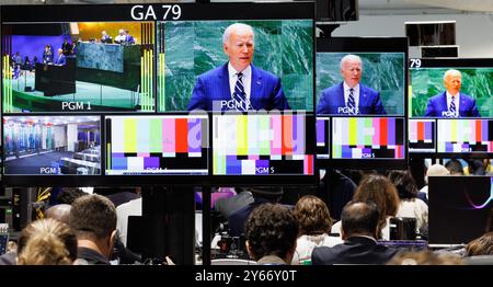 New York, USA. 24th Sep, 2024. Illustration taken in the press room during US President Joe Biden speaking at the 79th session of the United Nations General Assembly (UNGA79), in New York City, United States of America, Tuesday 24 September 2024. BELGA PHOTO BENOIT DOPPAGNE Credit: Belga News Agency/Alamy Live News Stock Photo