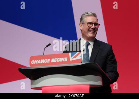 Liverpool, UK. 24th Sep, 2024. Britain's Prime Minister Keir Starmer delivers his Party Conference speech at the Labour Party Conference 2024 in Liverpool on Tuesday, September 24, 2024. Photo by Hugo Philpott/UPI Credit: UPI/Alamy Live News Stock Photo