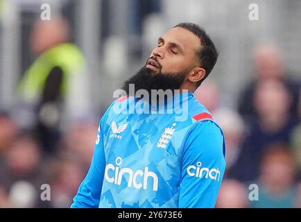 England's Adil Rashid reacts during the third one day international match at the Seat Unique Riverside, Chester-le-Street, County Durham. Picture date: Tuesday September 24, 2024. Stock Photo