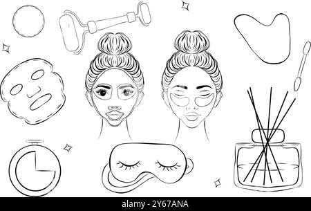 A set of elements in the sketch style. Beauty routine, skin care. Mask, aroma diffuser, jade massage roller, silk sleep mask. Glow gang inscription. V Stock Vector