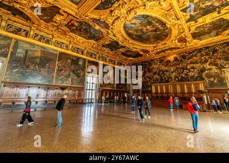 Chamber of the Great Council inside The Doges Palace , the largest and most majestic chamber in the Palazzo Ducale in Venice,italy Stock Photo