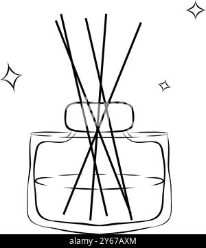 Aroma diffuser with sticks hand drawn doodle. Glass bottle with perfume. Interior design decorations. Vector outline line art illustration. Stock Vector