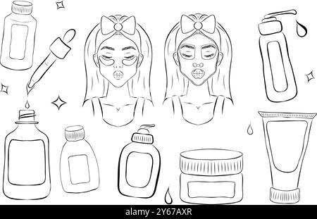 Skin care, beauty products, cosmetics icons set. Hand-drawn vector bottles and tubes. Woman beauty routine doodles. Vector illustration of skin and ha Stock Vector