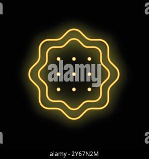Yellow neon sign of a round cookie with dots, glowing on a black background Stock Vector