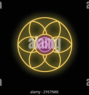 Glowing neon light sign of a round sacred geometry flower of life mandala spiritual symbol Stock Vector