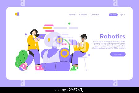 Robotics concept. People interact with giant robot through digital tablets in a technology-driven environment. Vector illustration. Stock Vector