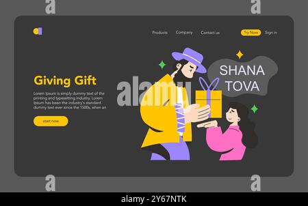 Rosh Hashanah concept. A Jewish man presents a gift to a girl, celebrating with 'Shana Tova' greeting. Festive tradition and culture sharing moment. Vector illustration. Stock Vector