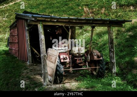 old tractor in a shelter on the meadow near Münstertal in the Black Forest Stock Photo