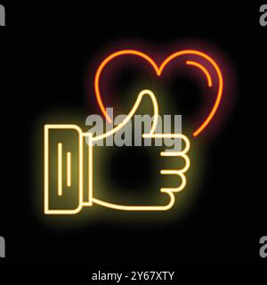 Neon sign showing a hand giving a thumbs up with a heart shape glowing behind it on a black background Stock Vector