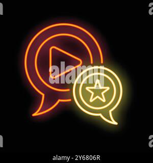 Neon glowing icon of two speech bubbles, one containing a video play symbol and the other a star rating Stock Vector