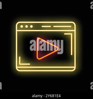 Neon sign showing an internet browser window displaying a video player button Stock Vector