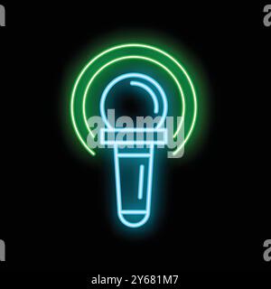 Glowing blue and green neon sign of a microphone with sound waves emanating from it, set against a dark background Stock Vector