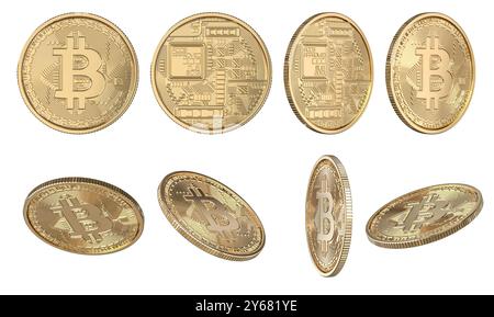 Multiple views  gold bitcoin cryptocurrency coins  transparent background 3d Stock Photo