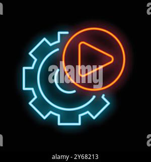 Neon icon featuring a gear and a play button, symbolizing the automation of video content creation or management Stock Vector