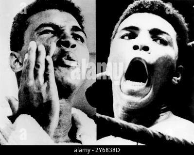 Miami Beach, Florida: The world's new heavy-weight champion, Cassius Clay is pictured here in his dressing room (left) and in the ring (right), after he had gained the world heavy-weight crown from former champion, Sonny Liston. Clay won the title on a technical knock-out when Liston failed to answer the bell at the start of the seventh round. Liston claimed that his shoulder was injured in a 1st round melee. 25th February 1964. Stock Photo