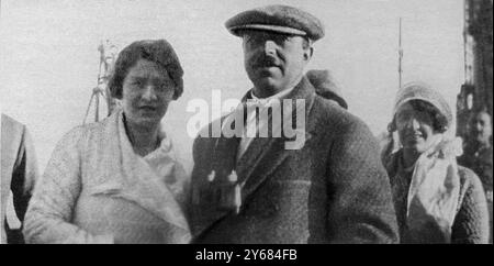 Eastern royalty in western dress.  The Queen of Afghanistan (her first photograph unveiled). King Amanullah and the Queen's sister aboard the Rajputana on a voyage from Bombay Stock Photo