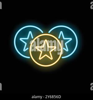 Neon sign illuminating three round tokens with stars, symbolizing loyalty programs and customer rewards Stock Vector