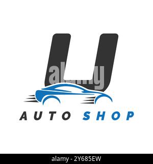 letter U logo auto mechanic with car style. Alphabet U automotive car design icon Stock Vector