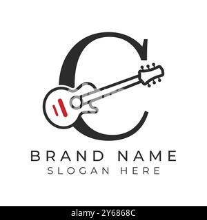 Initial Letter C Guitar icon with Line Art Style for Chord. Alphabet C with Musical instrument logo design Stock Vector