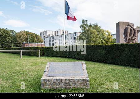 Monument by Shelomo Selinger to commemorate the Jews imprisoned in the Drancy camp.  The Shoah Memorial in Drancy was inaugurated on September 21, 2012 by French President François Hollande. The memorial stands opposite the Cite de la Muette and is a branch of the Shoah Memorial in Paris. France, Paris, September 12, 2024. La Muette s The Cite, designed in the 1930s to provide low-cost housing for families from Drancy, the unfinished building complex served as an internment camp and later as a concentration camp for Jews. Nearly 63,000 were deported from Drancy to the extermination camps. Stock Photo