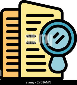This vector illustration depicts a magnifying glass hovering over documents, symbolizing due diligence and thorough examination Stock Vector