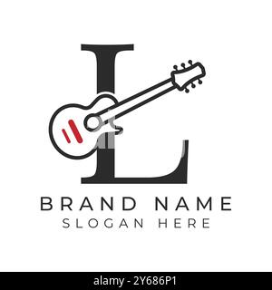 Initial Letter L Guitar icon with Line Art Style for Chord. Alphabet L with Musical instrument logo design Stock Vector