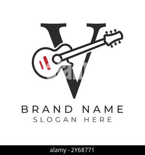 Initial Letter V Guitar icon with Line Art Style for Chord. Alphabet V with Musical instrument logo design Stock Vector