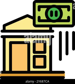 This colorful icon depicts a bank building receiving a money transfer, symbolizing financial transactions and banking services Stock Vector