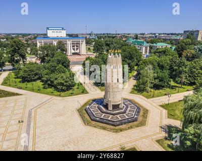 The aerial view of 'The unity and concord' monument at Maykop, Adygea, southern Russia, with the public park during the hot summer day. Stock Photo