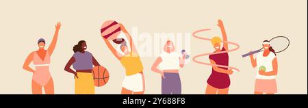 Group of sporting women. Swimmer, volleyball, basketball, gymnastics tennis vector illustration Stock Vector