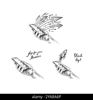 Hand holding mobile smartphone with launching rocket. logram of boosting arrows. Startup project, start new business. Help or financial support Stock Vector